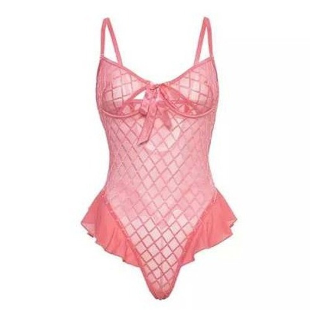 Oh La La Cheri Pink Sheer Diamond Mesh Teddy Bodysuit Ruffle Hem Keyhole Bow